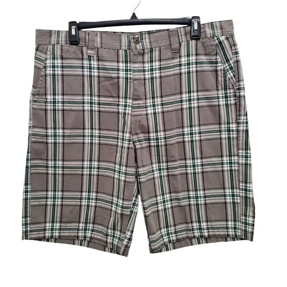 Free World Men's Big & Tall Gray Green Plaid‎ Cotton 12" Flat Front Shorts Sz 40
